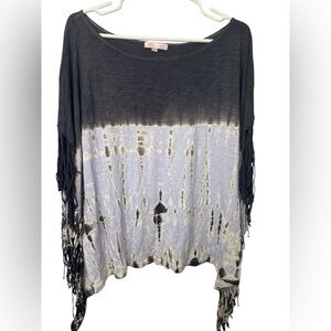 Maronie Black and Gray Tie-Dye Fringe Top NWOT